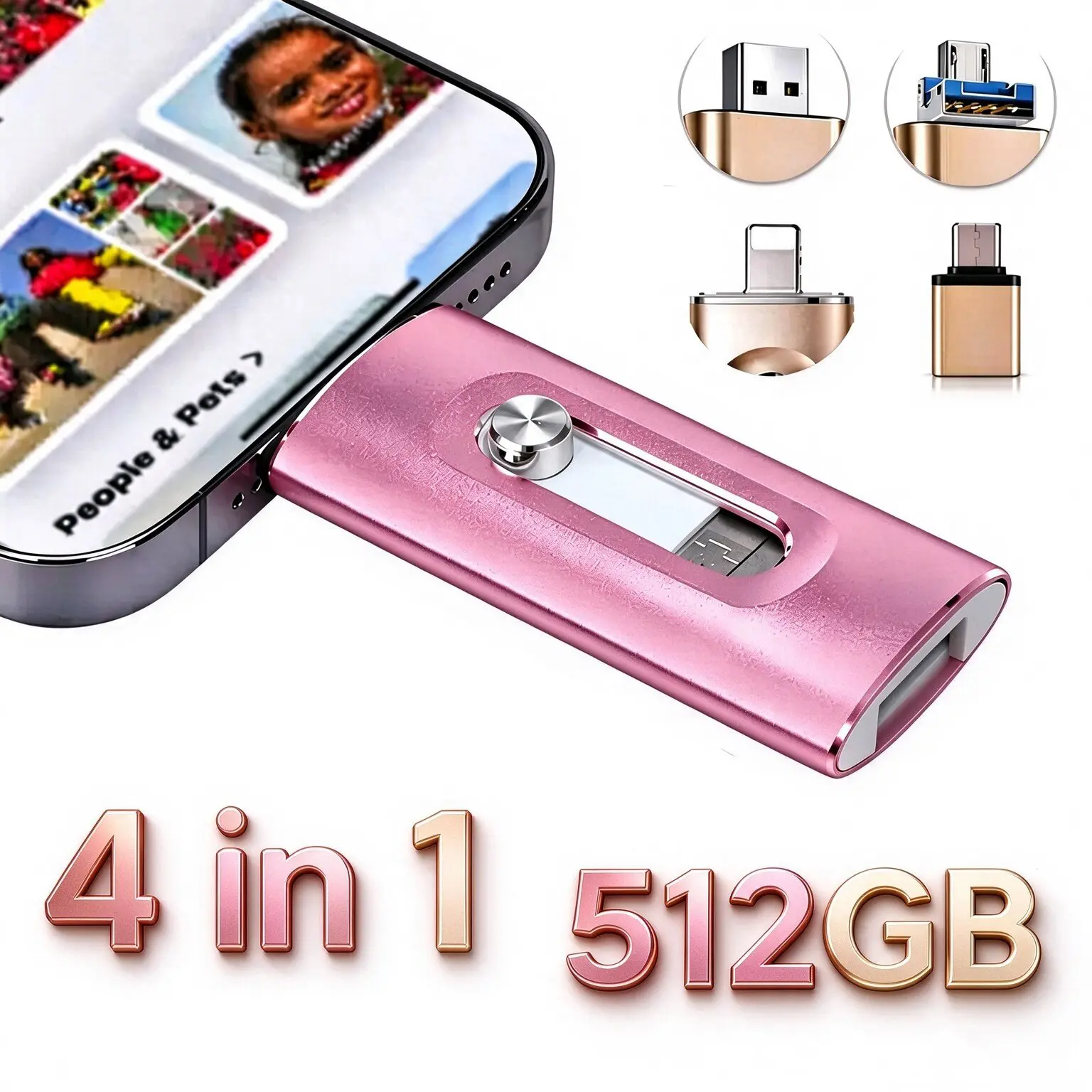 1PCS 512GB 4 In 1 Flash Drive, OTG External Storage With Free Type-C Adapter, Lightning Type-C Micro USB, Photo Video Backup For iPhone iPad Android PC dual interface file tablet fire Terabyte Memory flash drives Plain flash drives 2-in-1