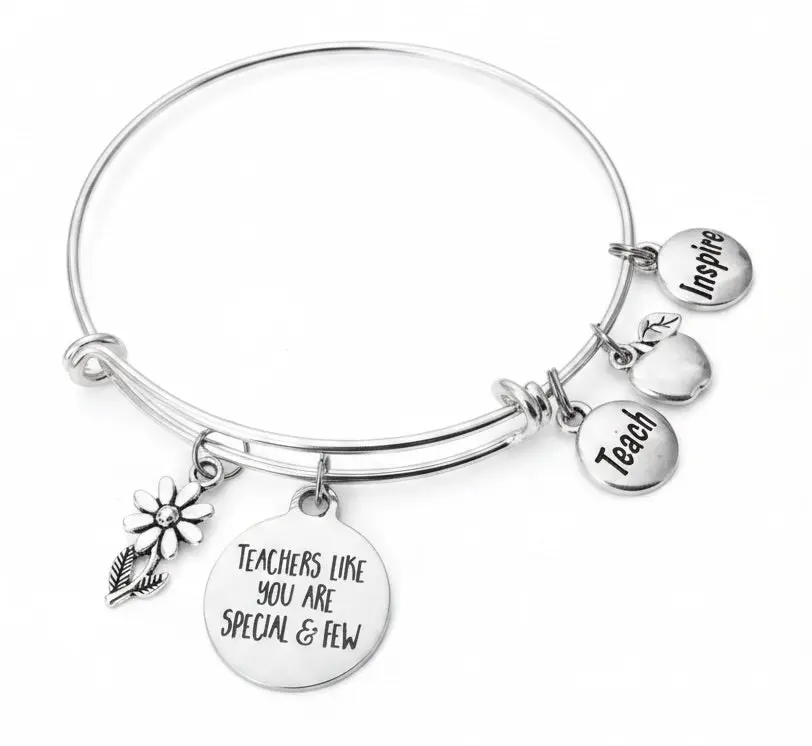 Teachers Like You Are Special & Few Charm Bracelet – Silver Expandable Bangle with Daisy, Apple, Inspire & Teach Charms | Teacher Appreciation Gift