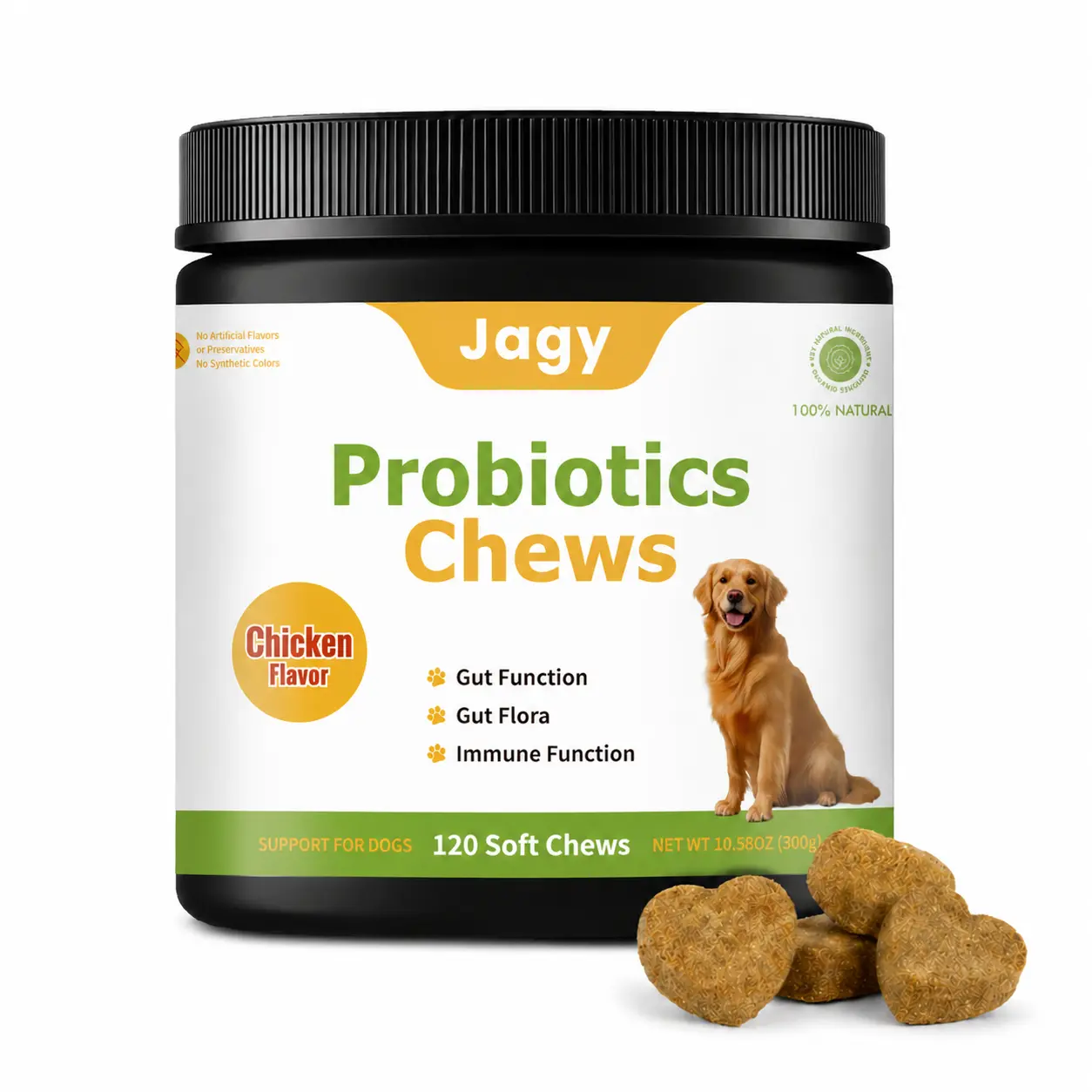 Jagy Natural Probiotic Chews for Dogs - 120 Gut-Soothing Treats with Enzymes to Ease Gas, Bloating & Tummy Upset - Health Support & Digestive Relief