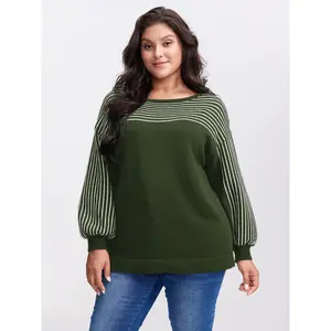 BloomChic Women's Plus Size Sweater, Oversized Striped Colorblock Pullover with Boat Neck and Lantern Sleeves, Soft Breathable Fabric for Everyday Wear