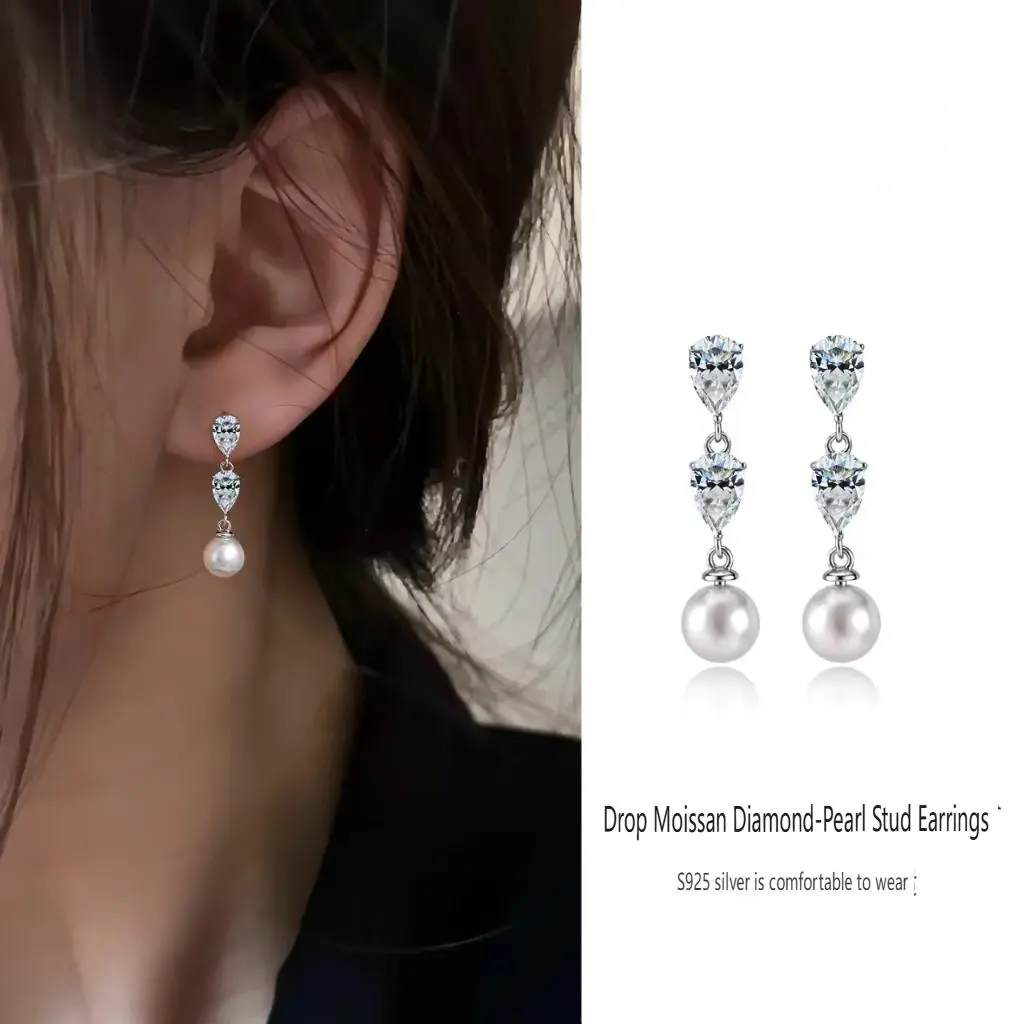 Teardrop Pearl Stud Earrings [50% Moissanite]
