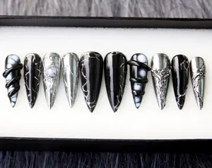 Cyberpunk Goth 3D Stiletto Press On Nails, Metallic Silver Fake Nails