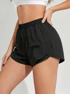 Women's Sporty High Waist Shorts, Breathable Mesh Lining, Side Zip Pockets, Comfortable Stretch Fabric, Ideal for Running Yoga Fitness, Athletic Wear Shorts, Athleisure Shorts