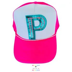 Neon Pink Custom Initial Trucker Hat / Neon Pink Trucker Hat with custom Letter Patch / Sequin Letter Patch Trucker Hat