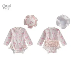Global Baby Toddler Girl Rash Guard Swimsuit Set Girls Bow Print Long Sleeve Round Neck Ruffle Jumpsuit and Hat Set for Pool Beach 2026- Girls' long-sleeved bikini  swimsuit with