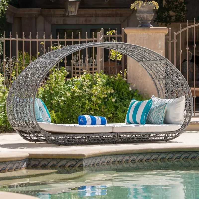 Christopher Knight Home  Outdoor Wicker Overhead Canopy Daybed Water Resistant Cushion Gray White Rattan Waterproof Fabric Full Size