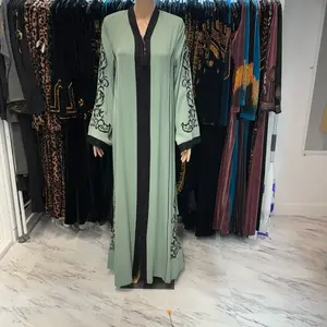 black embroidered zippered abaya with belt and rhinestone