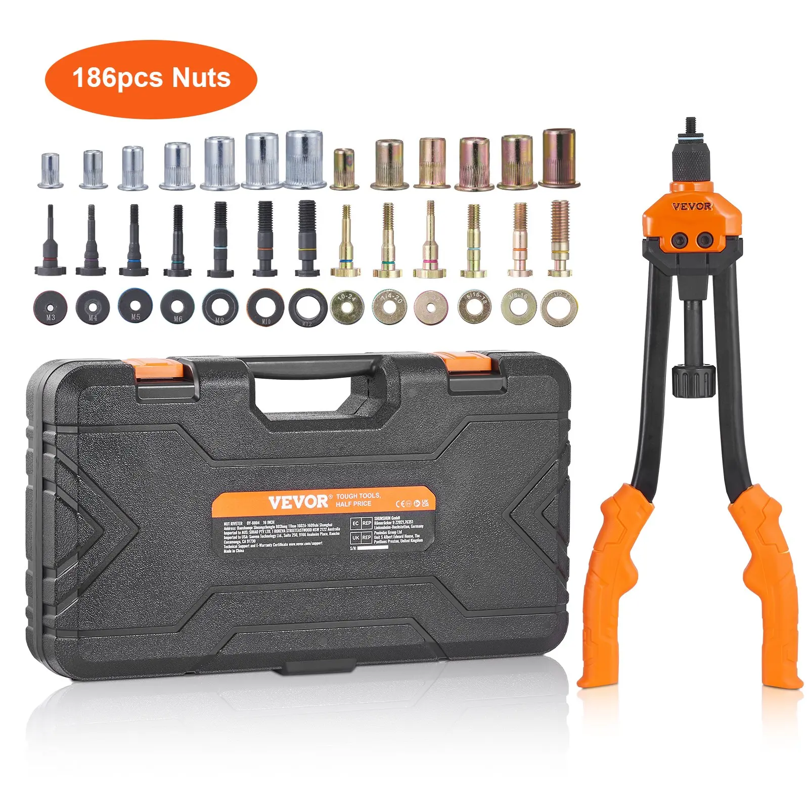 【DealsForYouDays】VEVOR 16" Rivet Nut Tool, Labor-Saving Rivnut Tool Kit with 13PCS Metric & SAE Mandrels, 186PCS Rivet Nuts,M3, M4, M5, M6, M8, M10, M12, 1/4-20, 5/16-18, 3/8-16,1/2-13, 8-32, 10-24 With Carrying Case