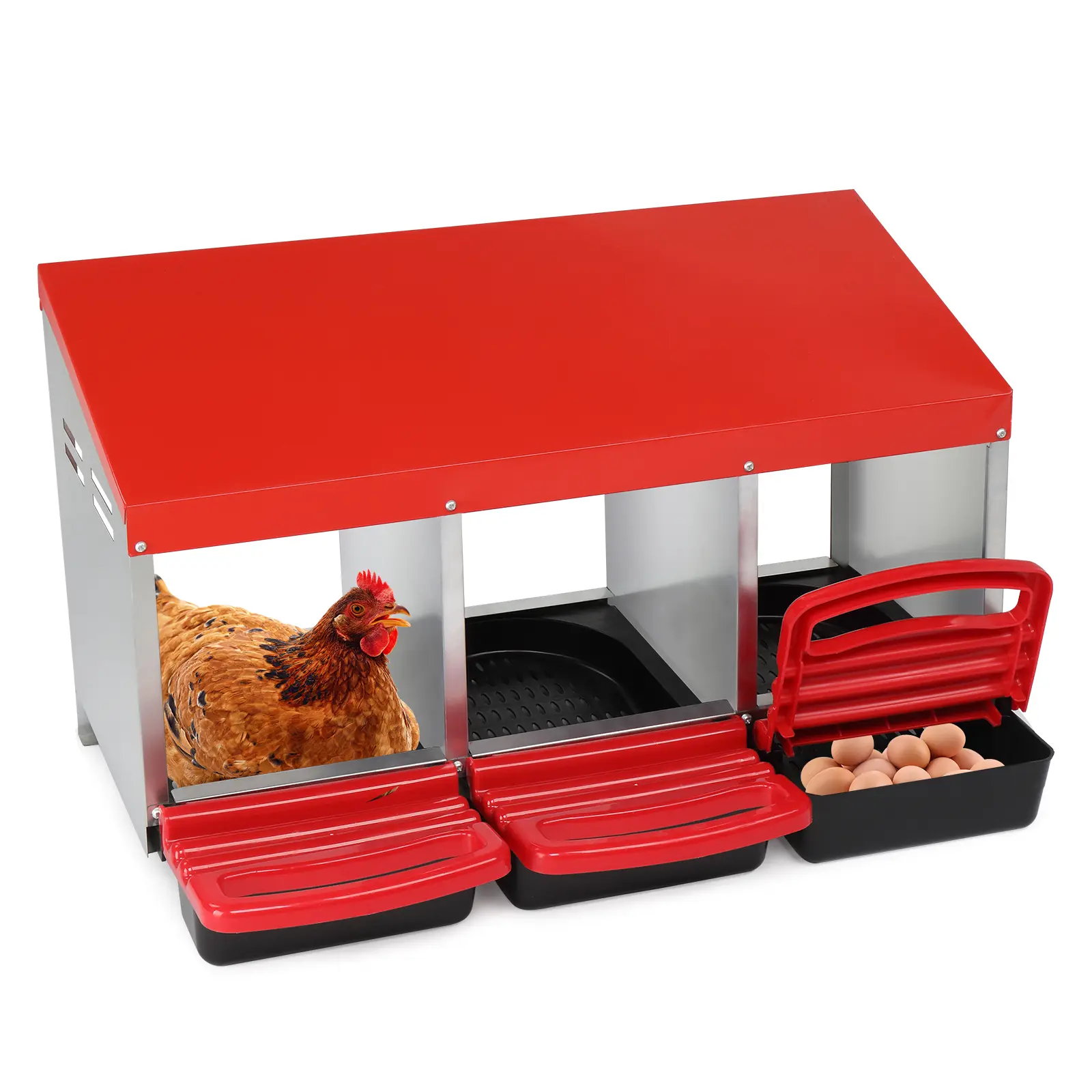 3 Compartment Roll Out Chicken Nesting Box with Plastic Basket, Egg Nest Box Chicken Laying Box Hens Chicken Coop Box, Red metal  nesting  box durable design