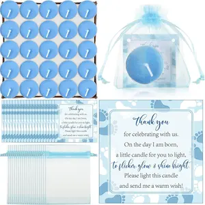 50 Sets Baby Shower Party Favors Including 50 Pcs Unscented Tealight Candles Gift Bags Cards for Gender Reveal Party Supplies Blue