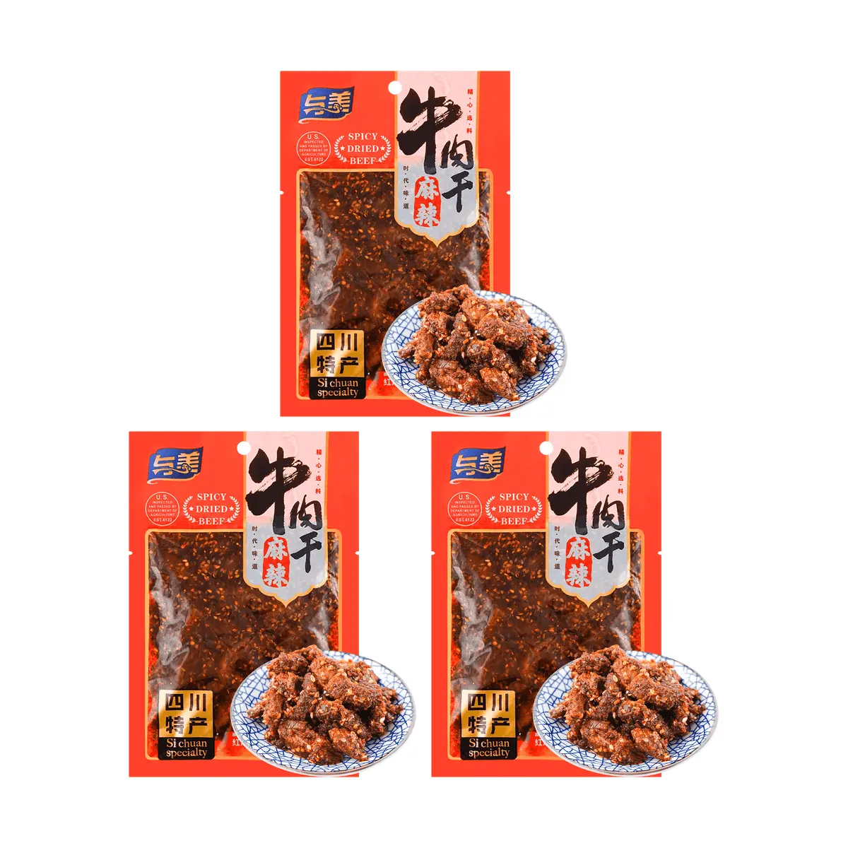 YUMEI Spicy Beef Jerky - 3 Packs of 100g | USDA Certified | Authentic Chinese Flavor