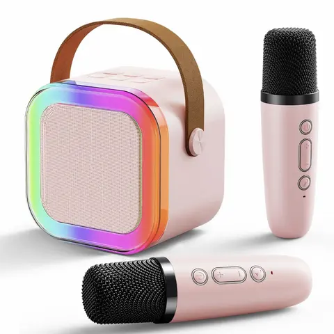 Portable Wireless Karaoke Speaker with 2 Wireless Microphones, HIFI Stereo Subwoofers, RGB LED Lights, Rechargeable Battery, Pink Buttons, Christmas/Birthdays/Children's Day Indoor Audio System, Portable Speakers Sound System