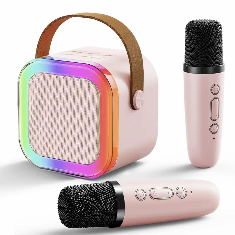 Portable Wireless Karaoke Speaker with 2 Wireless Microphones, HIFI Stereo Subwoofers, RGB LED Lights, Rechargeable Battery, Pink Buttons, Christmas/Birthdays/Children's Day Indoor Audio System, Portable Speakers Sound System