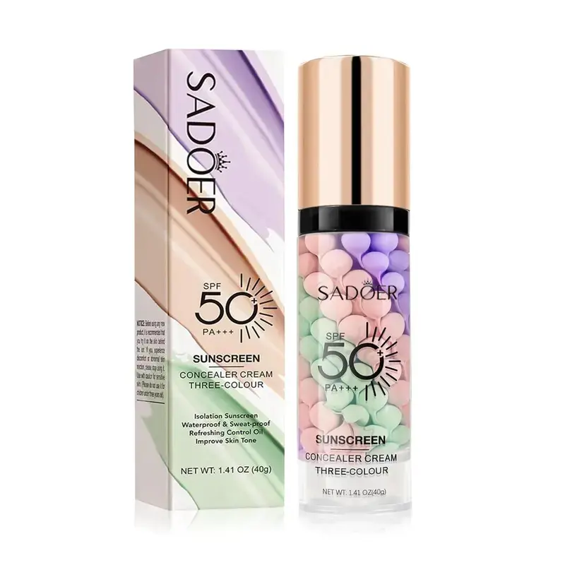 3-in-1 Discoloration Correcting Face Care Serum - Daily Moisturizing Primer, SPF 50 PA+++, Enhanced Skin Tone, Oil Control, Refreshing, Purple/Pink/Green Tones Concealer for Flawless Foundation Makeup, Discoloration Correcting Serum, Smooth