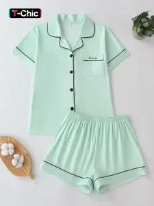 Two-Piece Sweet Style Mint Pajama Set, Unique Pocket Embroidery, Loose Lightweight Short Button Pajamas, Casual Home Sleepwear, Loungewear, Everyday
