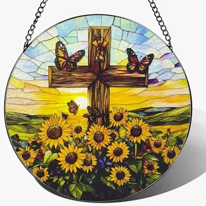 Stained Glass Window Hanging, Easter Stained Glass Cross Suncatcher Christian Decor for Home Kitchen Office Garden Birthday, Easter Sun Catcher Religious Gifts for Women Grandma Grandparents