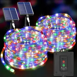 Solar Rope Lights Outdoor 2 Packs Total 600LED 100FT Solar String Light Outside Waterproof with 8 Modes Clear Thin Tube for Pool Patio Garden Fence Camping Yard Deck Trampoline(Multicolor)