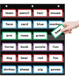 20”W x 25”H Classroom Words Pocket Chart with 6 Clear Pockets, Black Standard Pocket Chart for Classroom and Home, Reusable Hanging Clear Pocket Words Chart for Sentence Strips (Black)