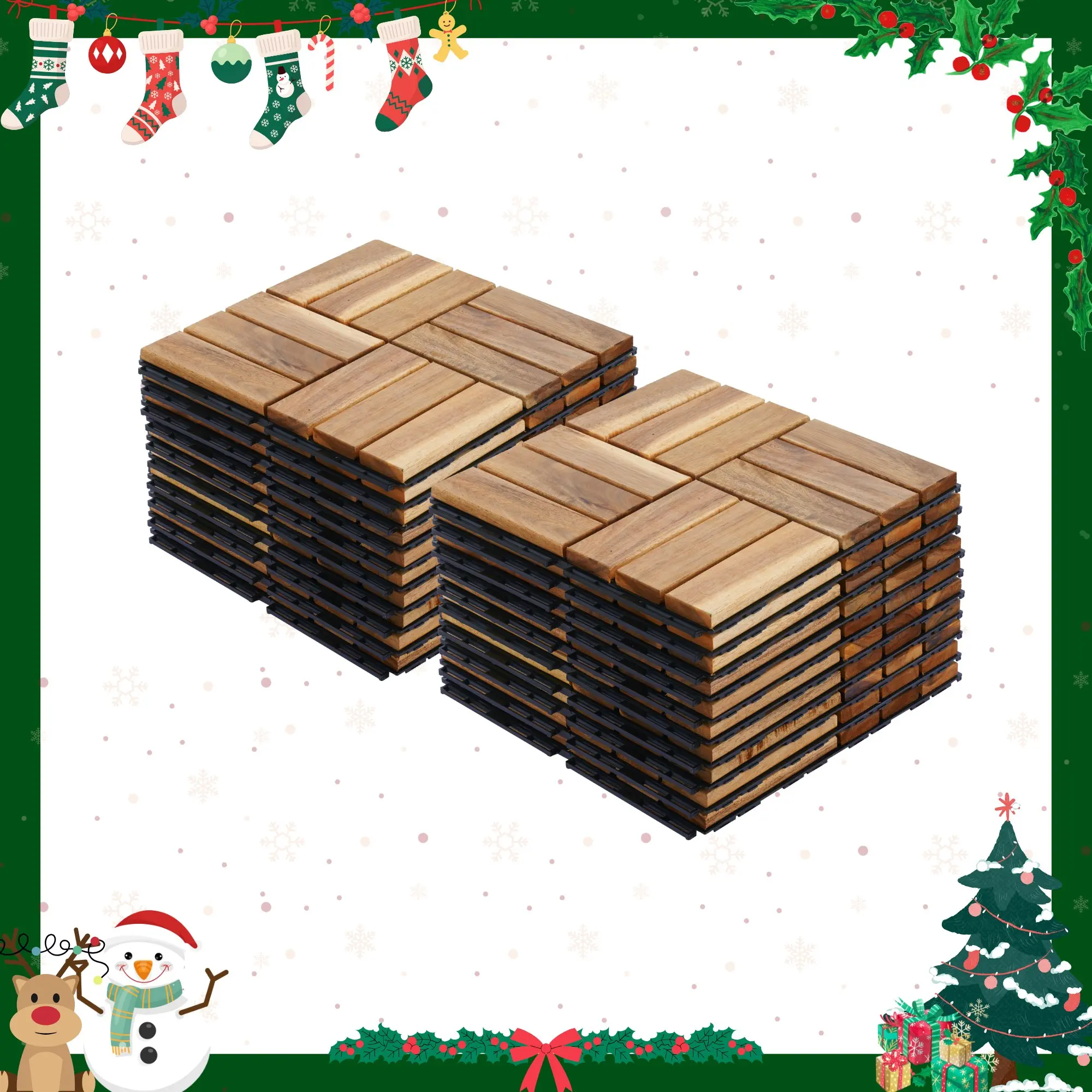 20 PCS 12x12 in Interlocking Checker Pattern Acacia Wood Deck Tiles, 0.75 inches Waterproof Anti-Mildew DIY Outdoor Flooring with Rubber Hammer for Patio, Porch