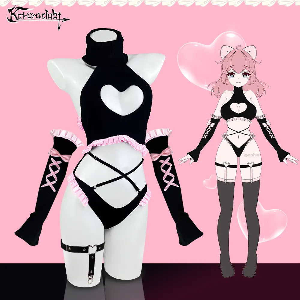 KORURACLUB  Heart Design Black & Pink Ruffled Cosplay Costume with Crossed Straps and Long Gloves KO75