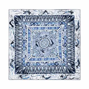 Female 100% Mulberry Real Silk Square Summer Scarf, 27.5in Ink Blue Apsara Dunhuang Art Print - Lightweight Hair, Neck, Head, Bag & Waist Accessory, Travel & Gift Option