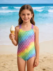 Mermaid Rainbow Print Halter One-Piece Swimsuit for Girls, Valentine's Day Gift, Fashionable Swimwear for All Seasons