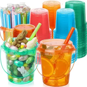 5/10 sets of 34 ounce disposable plastic cups with lids and straws, ice coffee cups in various color tones, disposable tableware, beach and swimming pool party supplies, fruit barrels, suitable for milk tea fruit cups