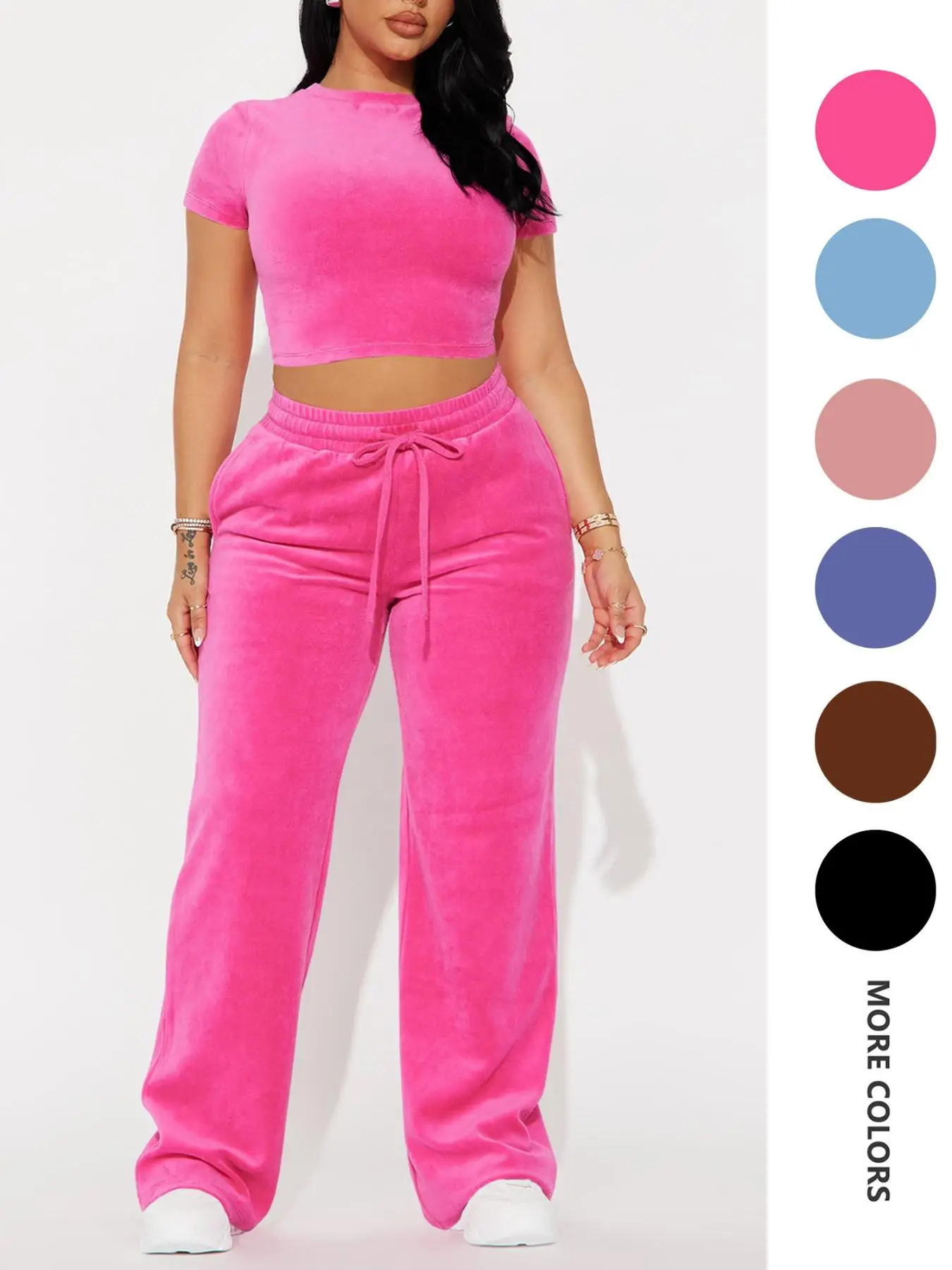 Two-piece Set Women's Solid Crop Tee & Drawstring Waist Pants Velvet Set, Casual Short Sleeve Round Neck T-shirt & Elastic Waist Trousers, Ladies Summ