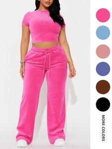 two-piece set women's solid crop tee & drawstring waist pants  set, casual short sleeve round neck t-shirt & elastic waist trousers, ladies summer clothes, matching sets for women, womenswear