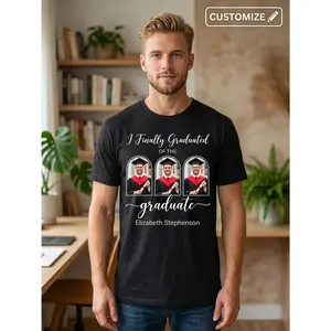 Personalized Graduation Custom Photo T-Shirt, DIY Name Graphic Print Short Sleeve Tees, Unisex Casual Crewneck Tops for College High School Grads, Gift Classmates Friends, Soft Breathable Daily Wear A