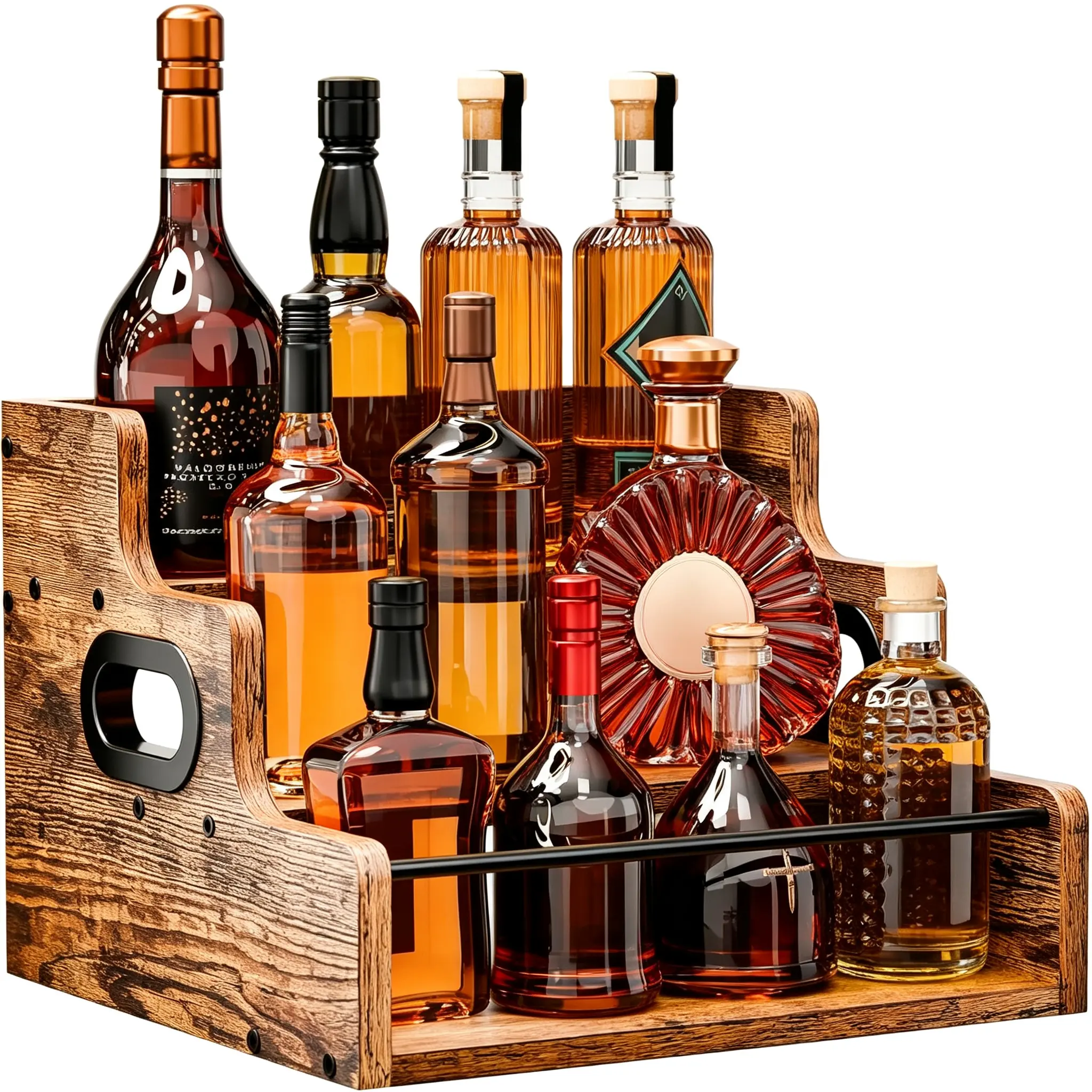 3-Tier Wooden Liquor Bottle Display Shelf - Vintage Rustic Home Bar Organizer with Handles, Guard Rail, Countertop Holder for Kitchen Decor