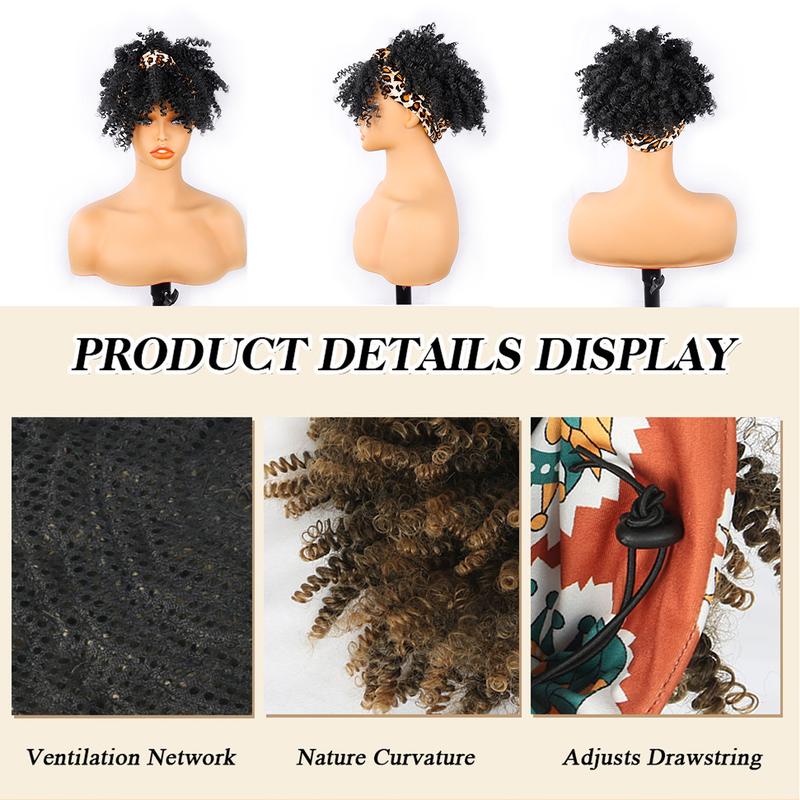 8inch Afro Kinky Curly Headband Wigs with Bangs 2 in 1 Turban Wigs with Headband Attached Premium Heat-Resistant Fibers for Women wrap strap