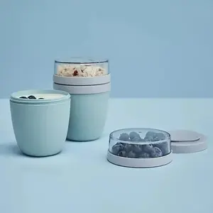 Portable Breakfast Cup, 2 Tier Overnight Oats Container, Food Grade PP Compartment, Cereal Nut Yogurt Salad Cup, Lunch Box Travel Accessory