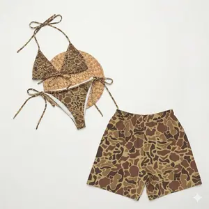 Matching Old School Camo Swimsuits for Couples - Swim Bra & Tie Side Thong Bikini + Men's Beach Shorts, Summer Vacation Swimsuit, Hawaiian Short Style, Aloha Beach Outfit, Couples Swim Suits