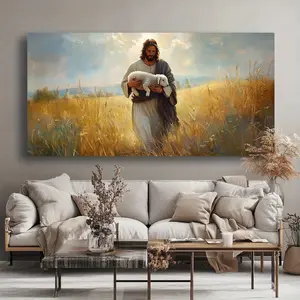 Modern Canvas Wall Art - Jesus with Lamb on a sunny field, tranquil landscape painting for living room, bedroom, office, bathroom, kitchen, high quality ink on canvas, wood frame canvas.
