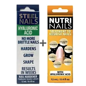 (Duo Pack) Steel Nails & Nutri Nails 12ml Each Hyaluronic Acid Keratin Vitamins for Strengthening Nourishing Hydrating Weak Nails Uñas de Acero Manicure Treatment Moisture Moisturizer