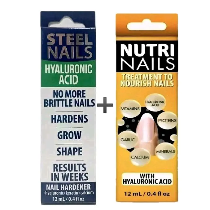 (Duo Pack) Steel Nails & Nutri Nails 12ml Each Hyaluronic Acid Keratin Vitamins for Strengthening Nourishing Hydrating Weak Nails Uñas de Acero Manicure Treatment Moisture Moisturizer