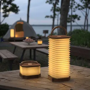 Portable Foldable LED Camping Lantern with Wooden Handle, Adjustable Height Warm Ambient Light for Outdoor Camping, Patio & Home