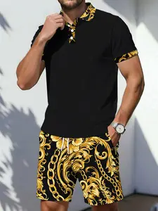 Men's Casual Classic Plaid Polo Shirt & Shorts Set, Summer 2-Piece, Short Sleeve, Loose-Fitting, Regular Length, Graphic Pattern