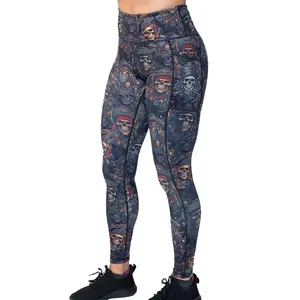 CVG Pirates Booty Leggings - Dark Pirate Skulls, Sweat Proof, Compression, High Waist, Deep Pockets, 73% Polyester 27% Spandex, Traditional Style