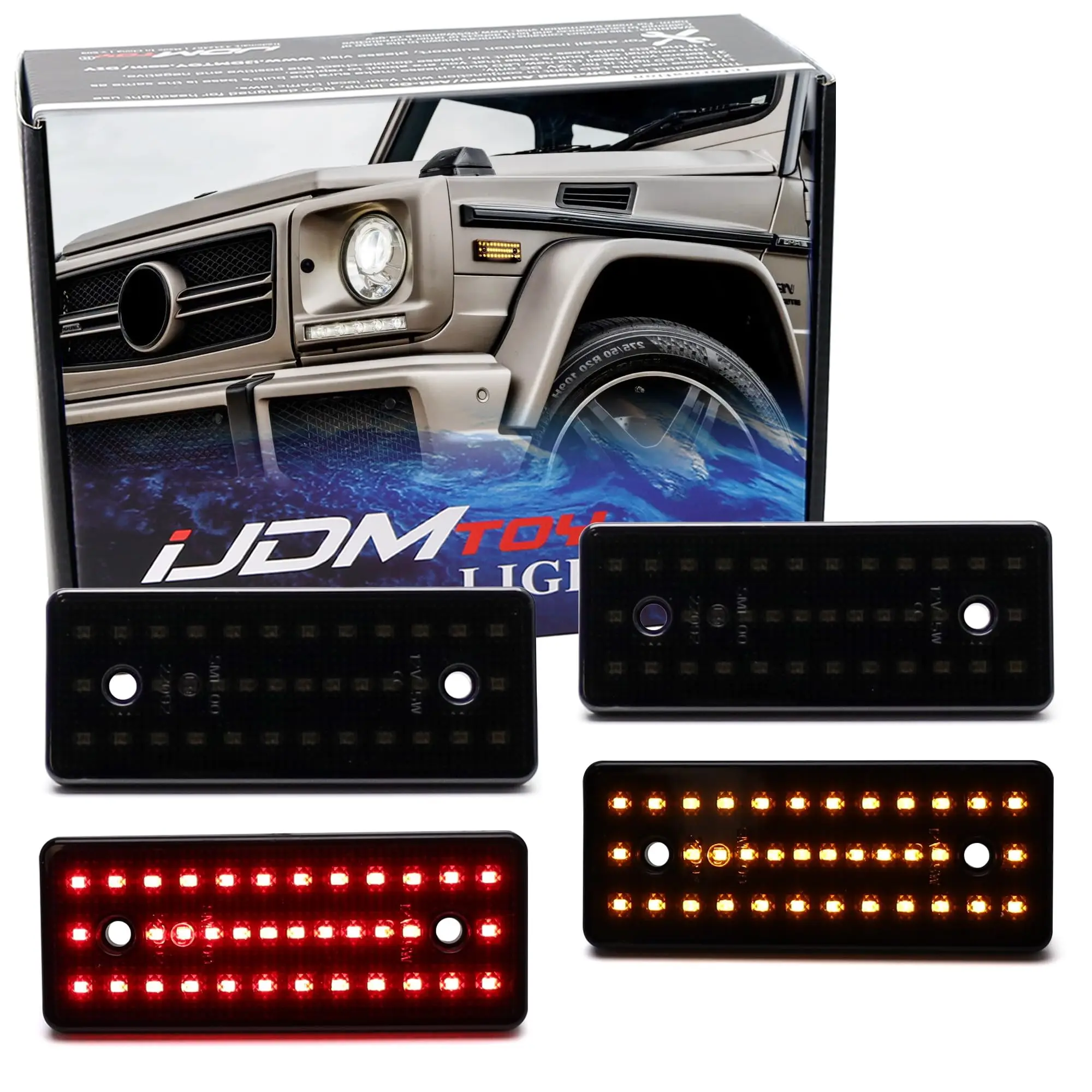 iJDMTOY Black-Out Smoked Lens Amber Front & Red Rear Full LED Side Marker Light Kit For 2015-2018 Mercedes W463 G-Class G500 G550 G55 G63 G65 AMG