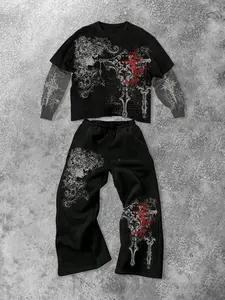 Men's Gothic Graphic Print Fake Two-Piece Long Sleeve Sweatshirt & Wide-Leg Pants Set, Loose-Fitting Casual Streetwear for All Seasons
