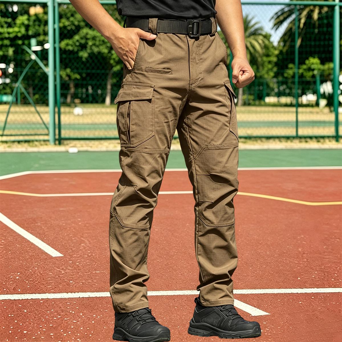 Men’s new multi-pocket tactical cargo pants—large-capacity side cargo pockets with zippers, drawstring waist; comfortable long outdoor sports pants for spring and autumn; casual workwear suitable for everyday wear and outdoor activities.