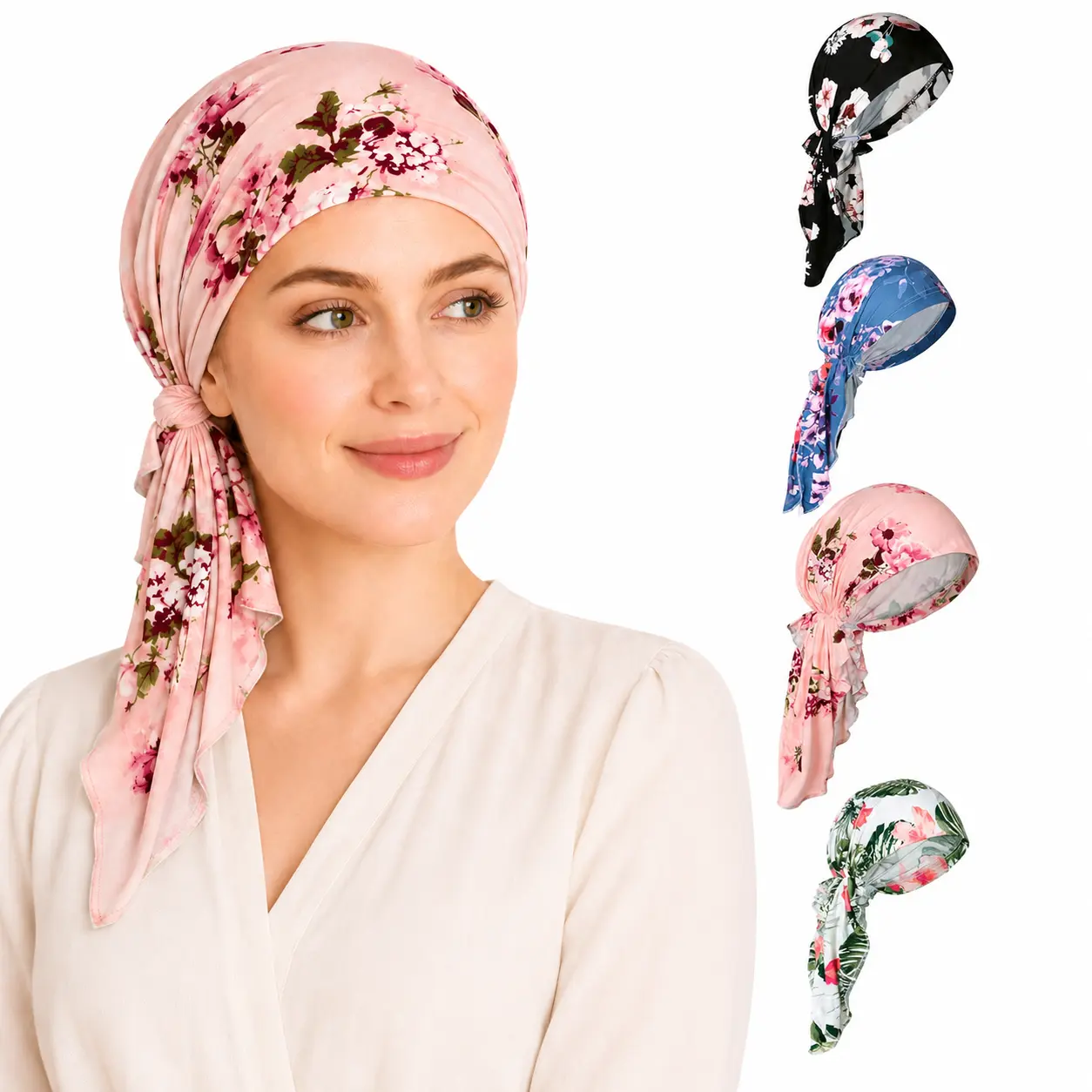 4 Pack Chemo Headwear for Women, Pre-Tied Cotton Turban Head Scarves, Soft Cancer Caps for Hair Loss, Breathable Full-Coverage Hats for Chemotherapy Patients