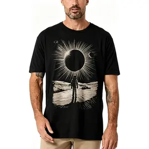 Astronaut Standing On Lunar Surface, Total Solar Eclipse With Radiant Light Rays, Retro Woodcut Engraving Style, Monochrome Beige On Black, Distressed Grunge Texture, Space Exploration Themed, Black T-Shirt Sci-Fi StreetwearSunset Swell Vintage Tee