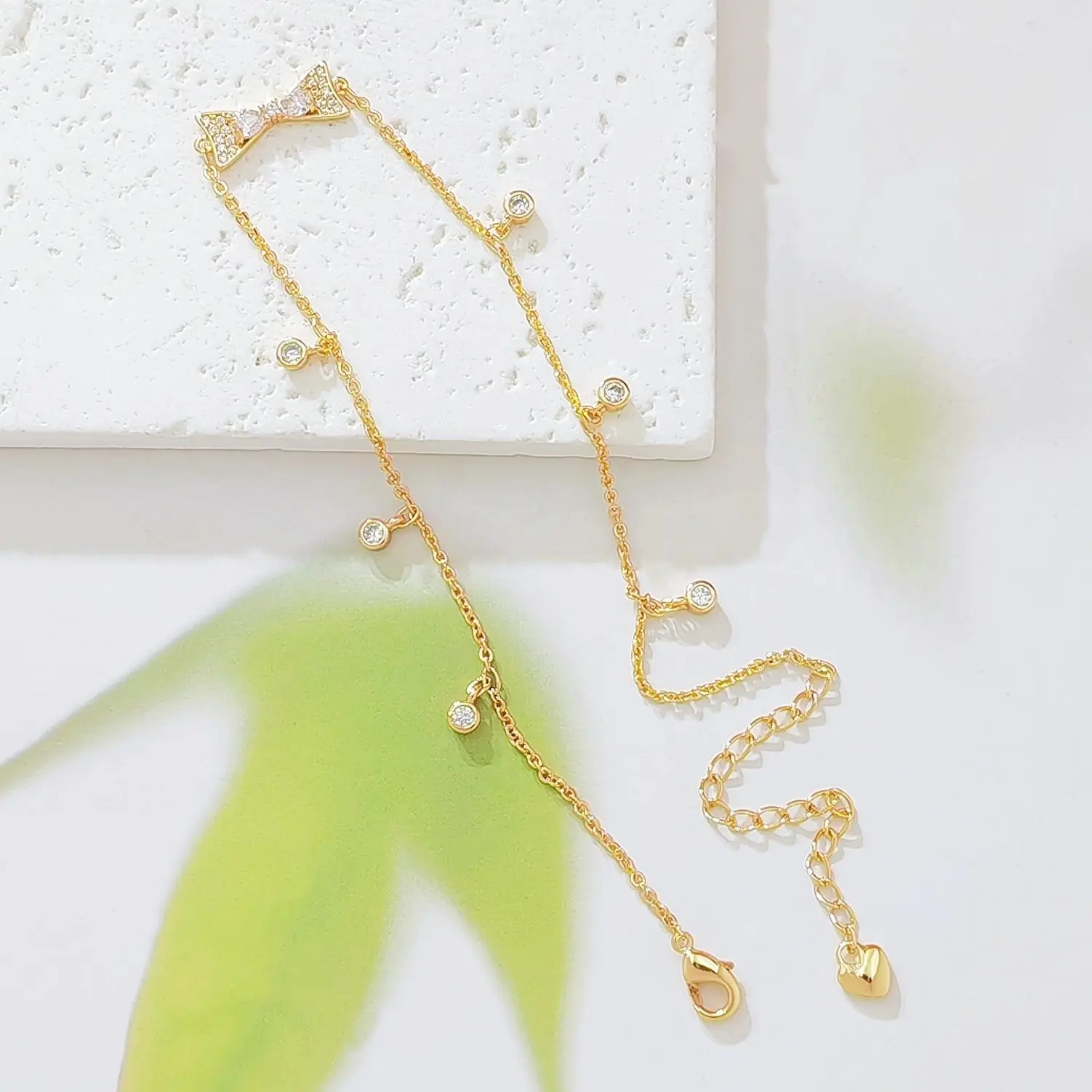 14K Gold & Rose Gold Plated Bow Cubic Zirconia Ankle Bracelet for Women, Dainty Dangling CZ Bead Charm Anklet with Adjustable Heart Extension Chain, Cute Summer Beach Foot Jewelry Gift for Girls