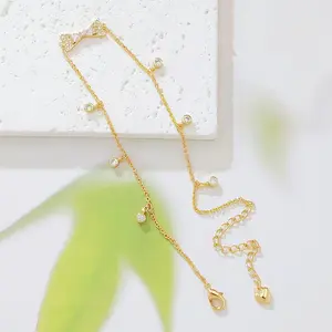 14K Gold & Rose Gold Plated Bow Cubic Zirconia Ankle Bracelet for Women, Dainty Dangling CZ Bead Charm Anklet with Adjustable Heart Extension Chain, Cute Summer Beach Foot Jewelry Gift for Girls