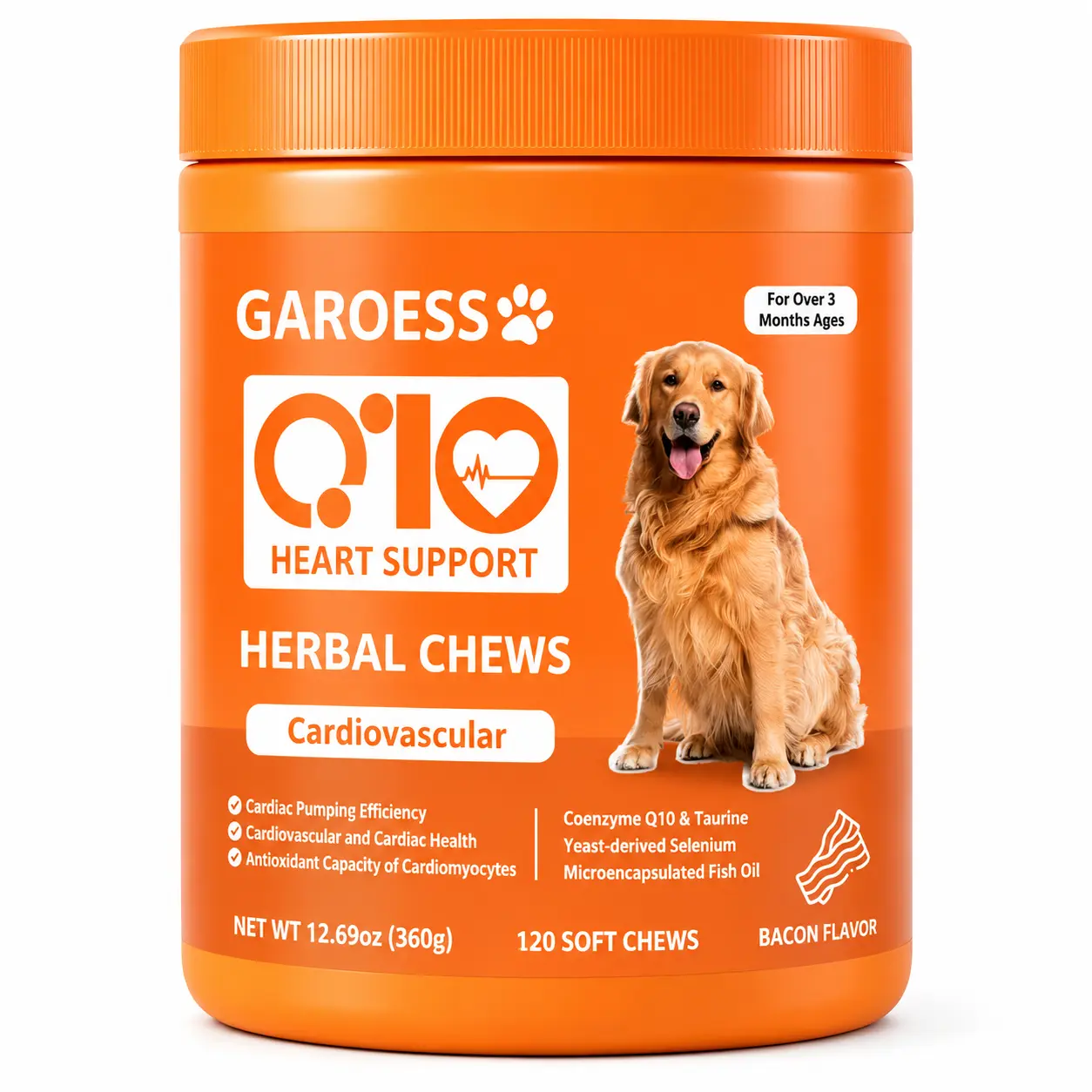 GAROESS CoQ10 Heart Chew Supplement for Dogs, support dogs Heart Health, Cognitive and Energy, CoQ10 Chews for dogs Cardiovascular & Gum Health & antioxidant protection, Bacon Flavor, 120 count