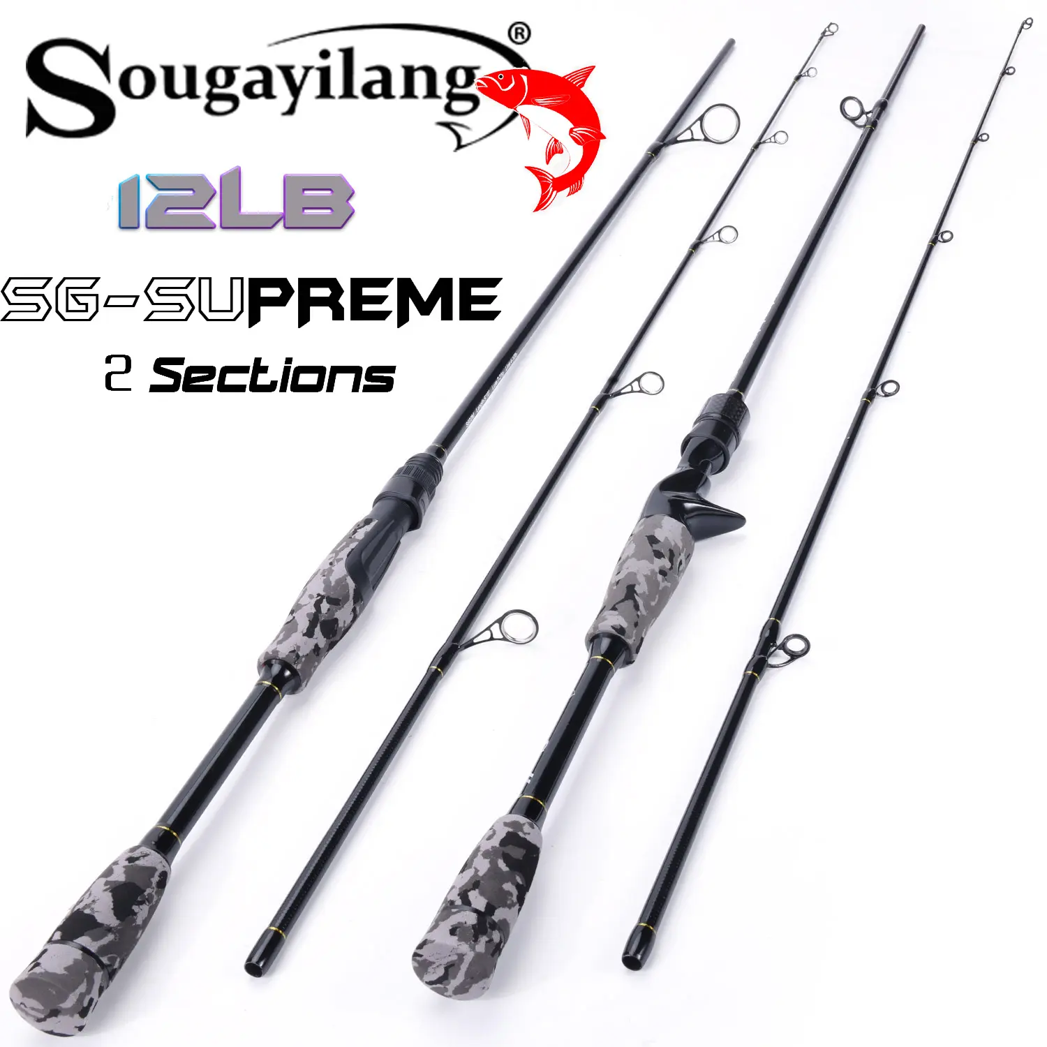 SOUGAYILANG 2-Pc Graphite Spinning & Casting Fishing Poles - Camouflage EVA Grip, Compact Portable, Beginner-Friendly Travel Rod for Bass Fishing (Saltwater & Freshwater Use)