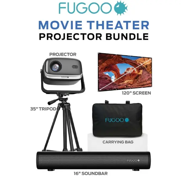Fugoo Foldable Full HD 1080p Outdoor Portable Projector Bundle - AuraCast, Wireless Bluetooth Soundbar, Adjustable Tripod, 120" Foldable Screen, Remote Control, Accessories Included for Home Cinema